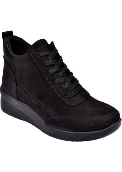 Hakiki Deri Dolgu Taban Nubuk Kadın Bot BEE-375 Siyah Nubuk