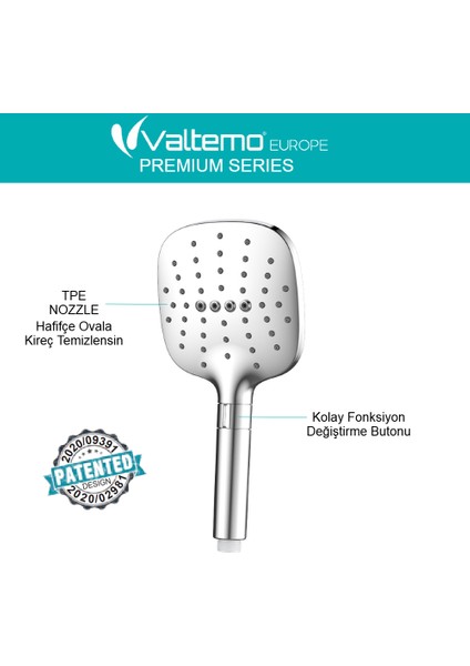 | Valtemo Full Krom, Çevirmeli Buton, Fonksiyonlu, Büyük Boy El Duşu