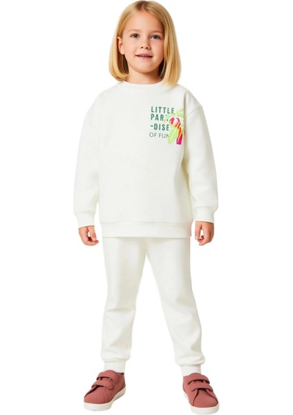 Kız Çocuk Pamuklu Örme Bisiklet Yaka Tropikal Baskılı Takım Kaliteli Şık Rahat