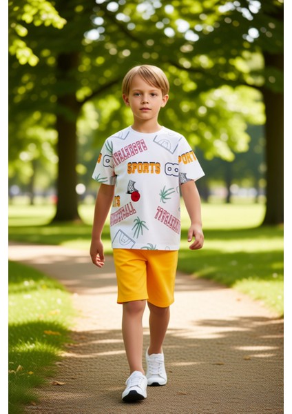 Erkek Çocuk Pamuklu Grafik Baskılı Tişört ve Şort Ikili Takım Kaliteli Şık Rahat fırsatları
