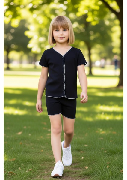 Kız Çocuk V Yaka Düz Örme Kısa Kollu Üst ve Şort Takımı Kaliteli Şık Rahat Günlük fırsatları