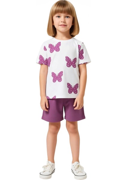 Kız Çocuk Regular Kalıp Pamuklu Kelebek Desenli Günlük Kısa Kollu Üst ve Şort Seti Kaliteli