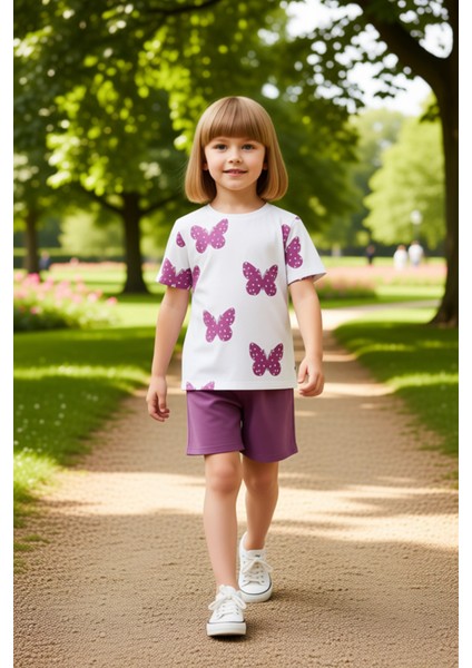 Kız Çocuk Regular Kalıp Pamuklu Kelebek Desenli Günlük Kısa Kollu Üst ve Şort Seti Kaliteli fırsatları