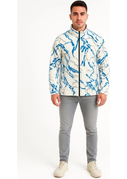 Erkek Tam Fermuarlı Desenli Polar Sweat Lightning Desen Yakalı, Uzun Kollu, Oversize Rahat Kalıp - Beyaz