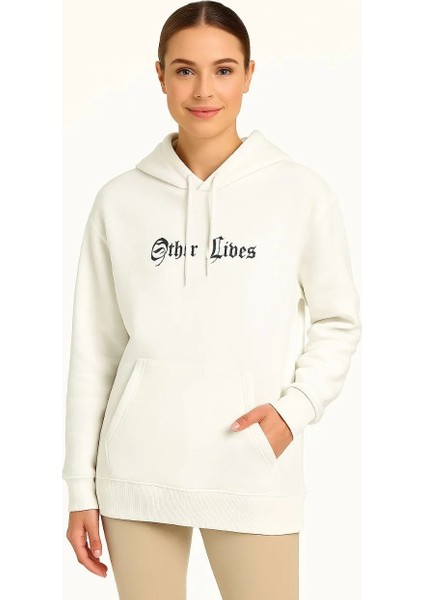 Kadın Kapşonlu Sweatshirt – Oversize Üç Iplik Şardonlu Hoodie, “other Lives” Ön & Arka Baskılı, Kanguru Cepli, Kışlık Rahat Günlük Stil - Beyaz fırsatları