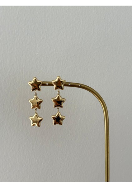 Sallantılı Üç Yıldız Model Kararmaz Gold Çelik Küpe