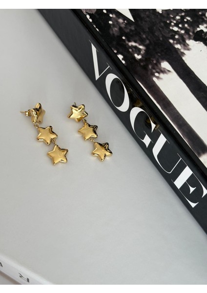 Sallantılı Üç Yıldız Model Kararmaz Gold Çelik Küpe