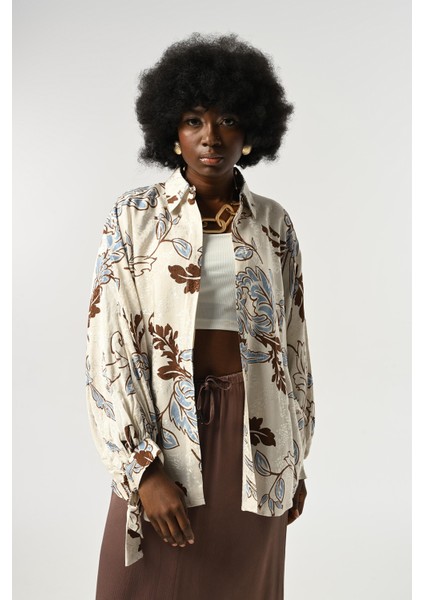 Kadın Yarasa Kol Desenli Oversize Kesim Gömlek