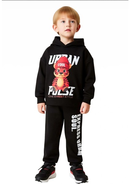 Erkek Çocuk Kapüşonlu Sweatshirt ve Eşofman Altı Kaplan Figürlü Şık Takım Kaliteli Şık Rahat
