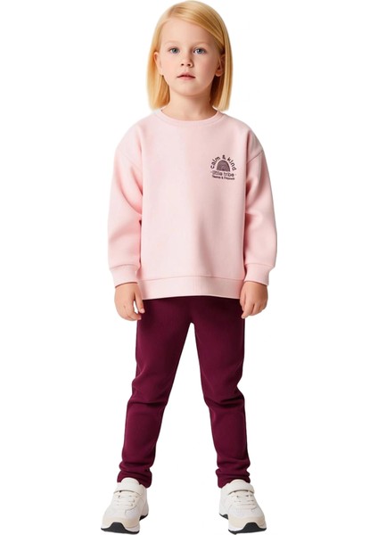Kız Çocuk Içi Polarlı Oversize Örme Takım Sloganlı Üst ve Geniş Paça Alt Kaliteli Şık Rahat