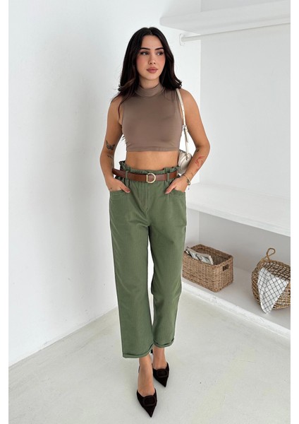 Yıkamalı Pamuk Yağmur Gabardin Yüksek Bel Pantolon Haki