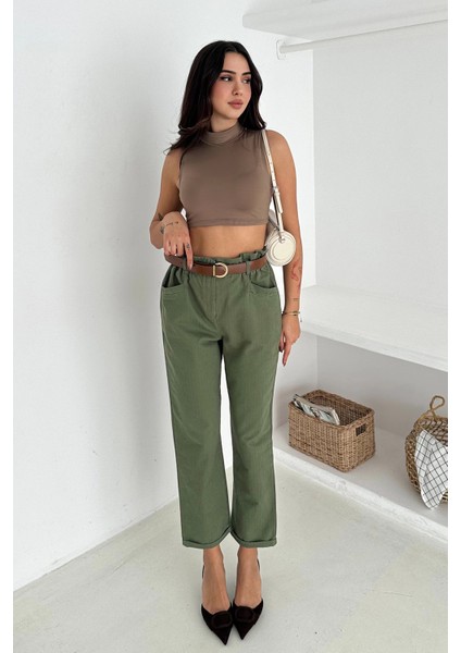 Yıkamalı Pamuk Yağmur Gabardin Yüksek Bel Pantolon Haki fiyatları