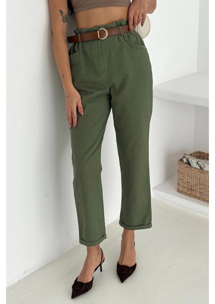 Yıkamalı Pamuk Yağmur Gabardin Yüksek Bel Pantolon Haki modelleri