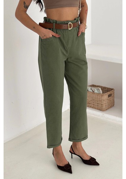 Yıkamalı Pamuk Yağmur Gabardin Yüksek Bel Pantolon Haki fırsatları