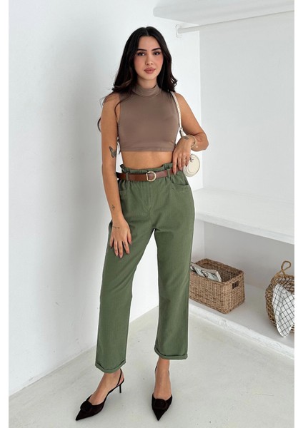 Yıkamalı Pamuk Yağmur Gabardin Yüksek Bel Pantolon Haki indirimleri