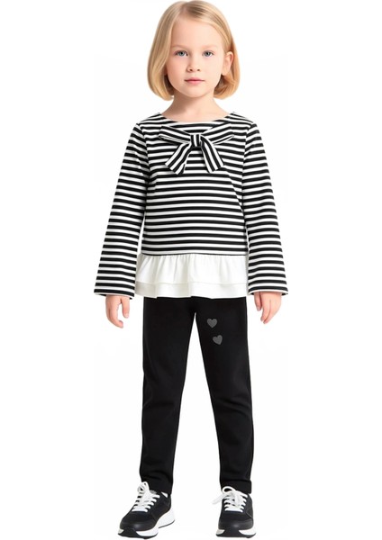 Kız Çocuk Pamuklu Çizgili Uzun Kollu Sweatshirt ve Eşofman Altı Takımı Kaliteli Şık Rahat