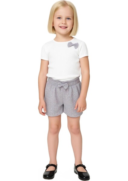 Kız Çocuk Pamuklu Tişört ve Kare Desenli Şort Ikili Takım Kaliteli Şık Rahat Günlük