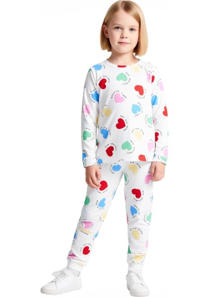 Kız Çocuk Pamuk Polyester Örme Kalp Baskılı Pijama Takımı Kaliteli Şık Rahat Günlük