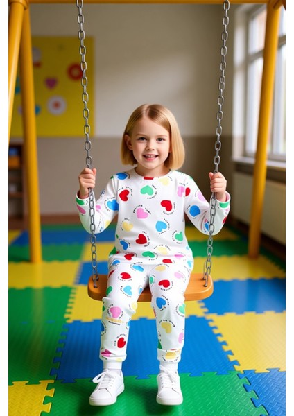 Kız Çocuk Pamuk Polyester Örme Kalp Baskılı Pijama Takımı Kaliteli Şık Rahat Günlük fiyatları