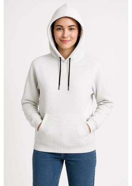 Kadın Üç Iplik Kapüşonlu Kanguru Çepli Sweatshirt Hoodie - Beyaz fırsatları