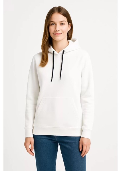 Kadın Üç Iplik Kapüşonlu Kanguru Çepli Sweatshirt Hoodie - Beyaz indirimleri