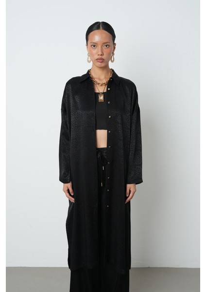 Kadın Siyah Renk Desenli Uzun Tunik Tesettür Gömlek - Elbise