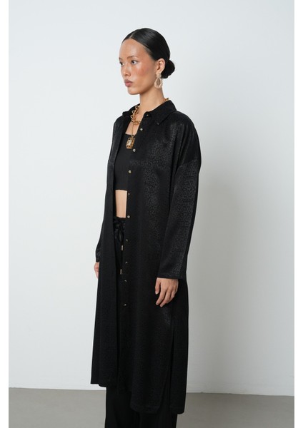 Kadın Siyah Renk Desenli Uzun Tunik Tesettür Gömlek - Elbise modelleri