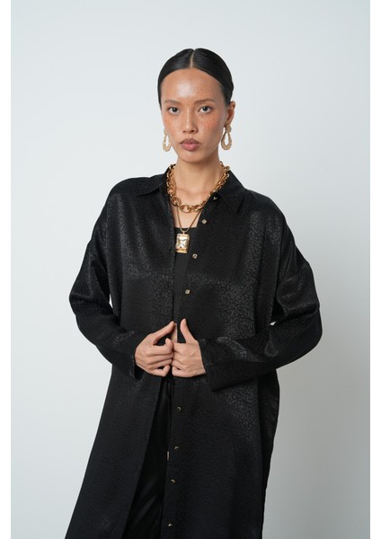 Kadın Siyah Renk Desenli Uzun Tunik Tesettür Gömlek - Elbise fırsatları