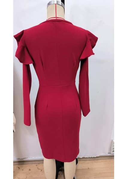 Kadın Uzun Kollu V Yakalı Yandan Yırtmaçlı Midi Ithal Krep Elbise indirimleri