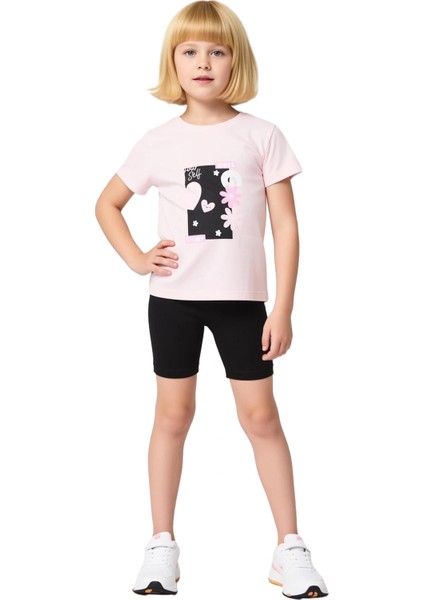 Kız Çocuk Pamuklu Kısa Kollu Üst ve Tayt Ikili Takım Kaliteli Şık Rahat Günlük