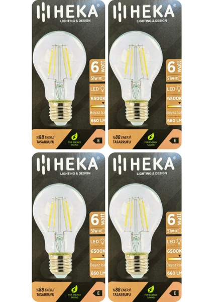 (4 Adet) Heka 6W (51W) 6500K (Beyaz Işık) E27 Duylu (Kalın Duy) LED Şeffaf Ampul