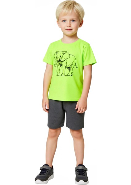 Erkek Çocuk %100 Pamuklu Fil Baskılı Kısa Kollu Üst ve Şort Seti Kaliteli Şık Rahat