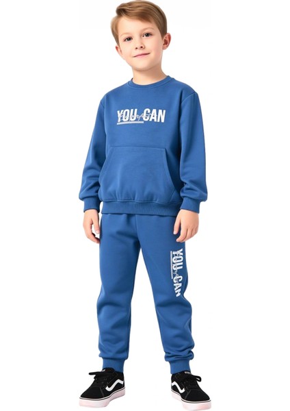 Enerjik Sloganlı Erkek Çocuk Örme Eşofman ve Sweatshirt Seti Kaliteli Şık Rahat