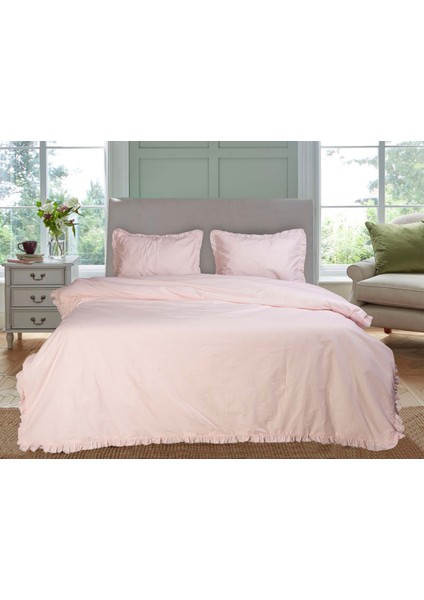 Point Çift Kişilik Nevresim Seti %100 Pamuk Fırfırlı Pembe