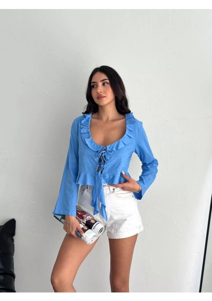 Keten Uzun Kol Bağacık Detaylı Bluz - Mavi fırsatları