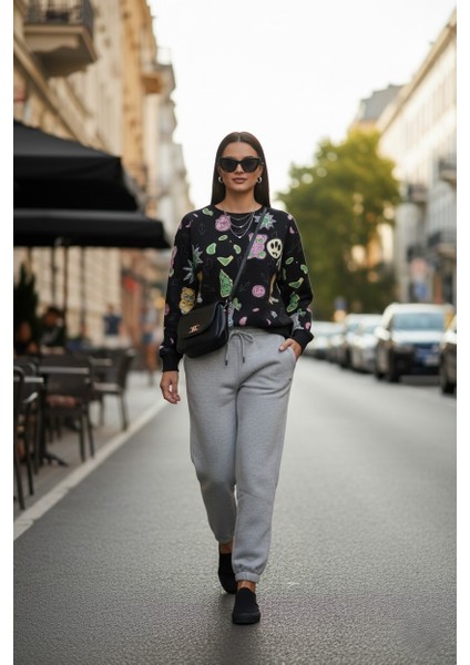 Kadın Eğlenceli Baskılı %100 Pamuk 3 Iplik Şardonsuz Sweatshirt - Bisiklet Yaka Basic Üst