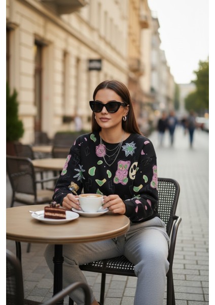 Kadın Eğlenceli Baskılı %100 Pamuk 3 Iplik Şardonsuz Sweatshirt - Bisiklet Yaka Basic Üst fiyatları