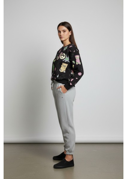 Kadın Eğlenceli Baskılı %100 Pamuk 3 Iplik Şardonsuz Sweatshirt - Bisiklet Yaka Basic Üst fırsatları