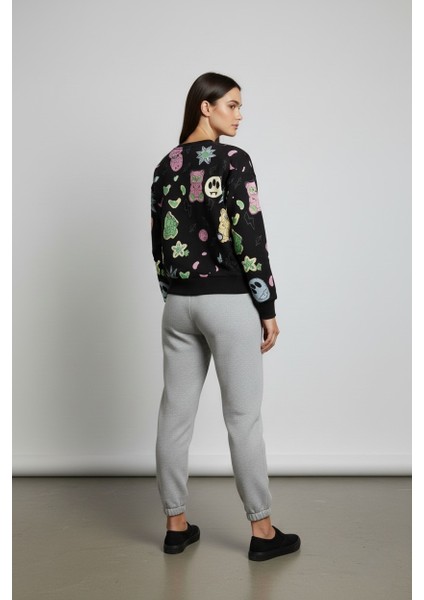 Kadın Eğlenceli Baskılı %100 Pamuk 3 Iplik Şardonsuz Sweatshirt - Bisiklet Yaka Basic Üst indirimleri