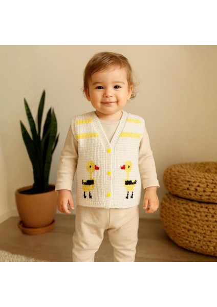 2517 El Örgüsü Ördek Desenli Örgü Yelek / 1 - 3 Yaş