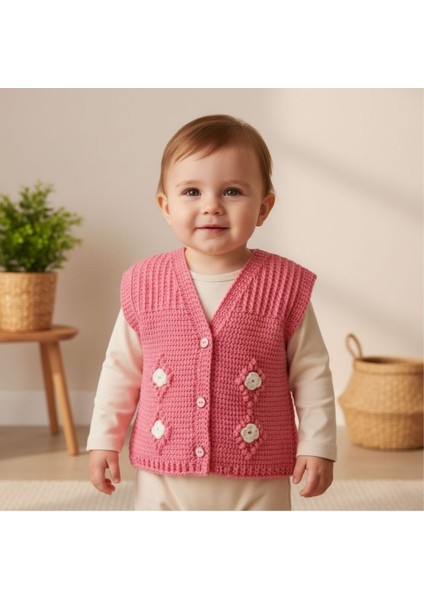3485 El Örgüsü Çiçek Desenli Örgü Kız Bebek Yeleği / 1 - 3 Yaş