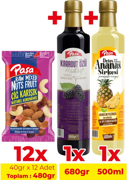 Karadut Özü, Detoks Ananas Sirkesi & Çiğ Karışık Kuruyemiş Seti – Paşa Lezzet Üçlüsü