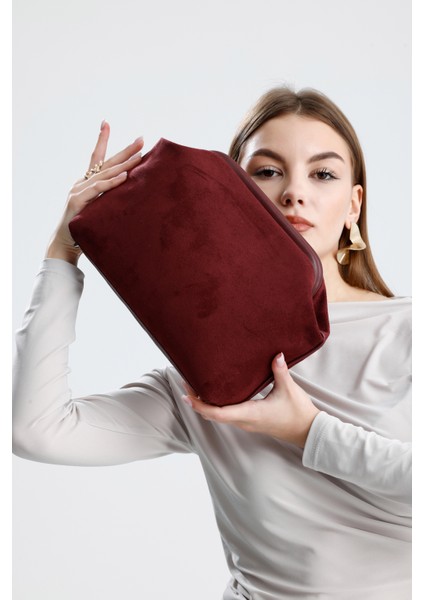Kadın Bordo Süet Clutch El Çantası