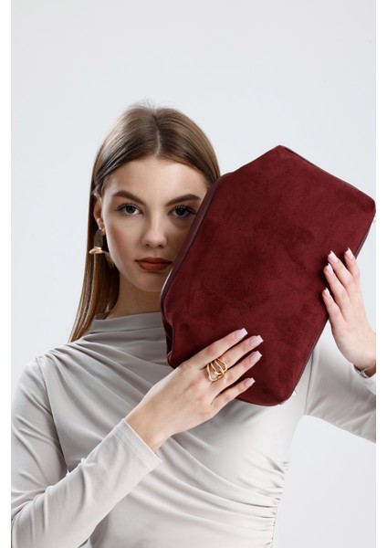 Kadın Bordo Süet Clutch El Çantası