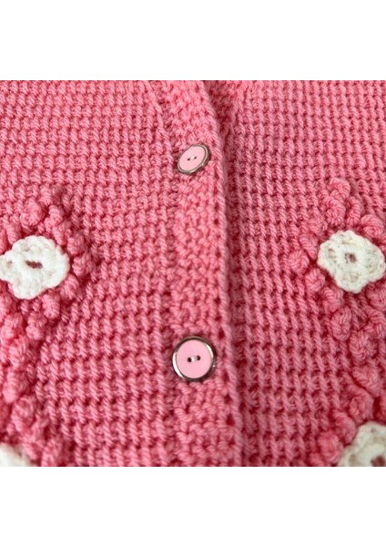 3485 El Örgüsü Çiçek Desenli Örgü Kız Bebek Yeleği / 1 - 3 Yaş