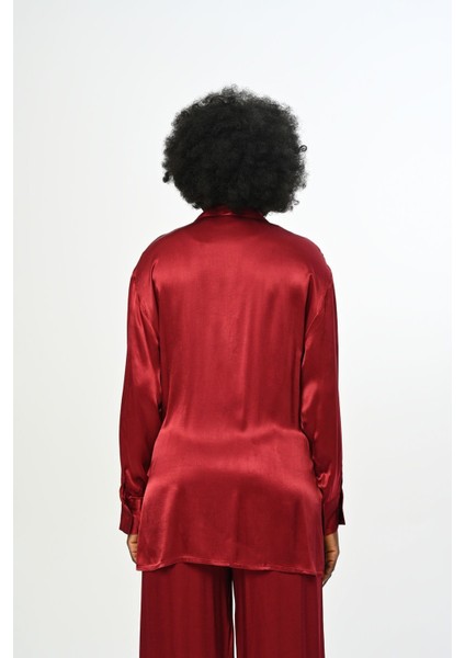 Kadın Yandan Bağlamalı Düz Renk Saten Gömlek