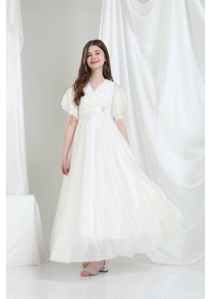 Kristal Kumaş Abiye Elbise Beyaz