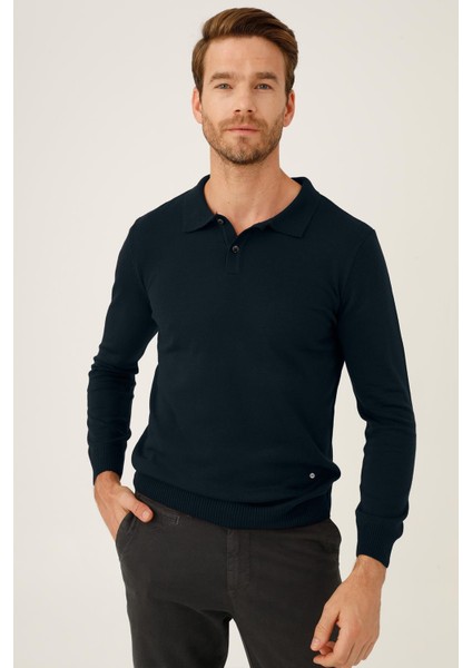 Lacivert Standart Fit Dar Kalıp Polo Yaka Düz Uzun Kollu Triko