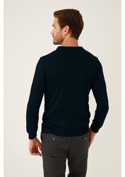 Lacivert Standart Fit Dar Kalıp Polo Yaka Düz Uzun Kollu Triko fiyatları