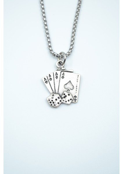 Maça As Poker İskambil - Zar Gümüş Kaplama Örme Zincir Kolye